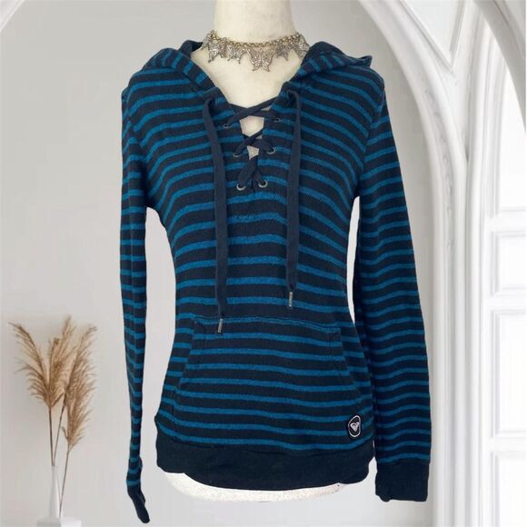 Roxy Early 2000's Whimsygoth Grunge Black Blue Striped Hoodie Long Sleeve XS - Picture 1 of 8